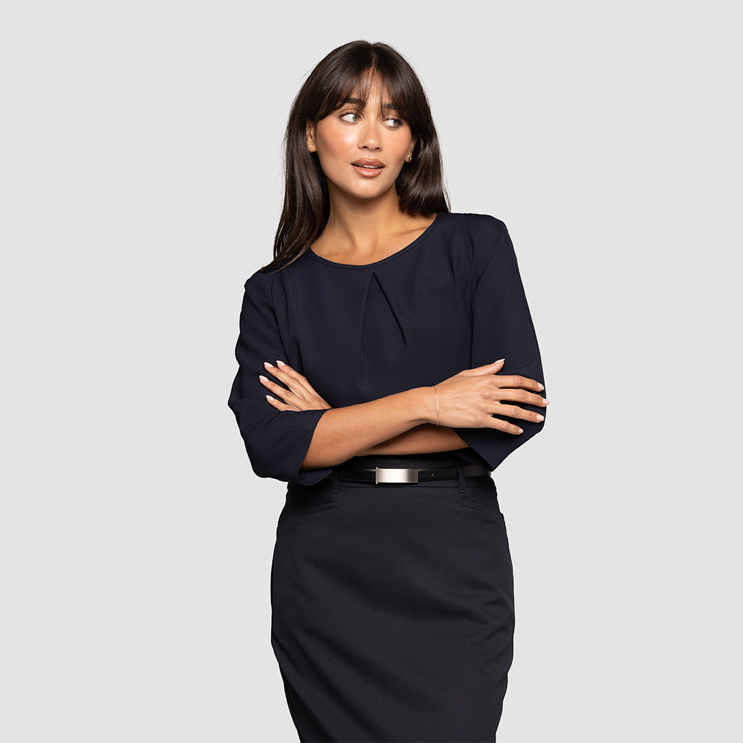 3/4 Sleeve Pleat Front Blouse