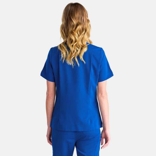 Back Image of a Woman in Medical Scrubs Top Featuring Three Spacious Pockets for Healthcare Essentials