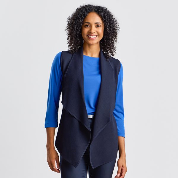Front View of a Women's Milano Knit Waterfall Vest in French Navy, Open Front with Cascading Lapels Adding a Stylish Twist to the Professional Attire.