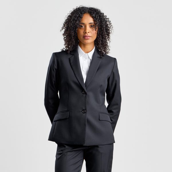 Frontal View of a Woman with Curly Hair in a Black Classic 2-button Blazer, with a White Shirt Underneath.