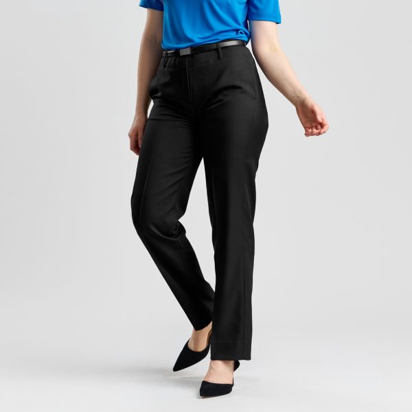 Side Profile of Relaxed Leg Pant in Black Paired with a Bright Blue Top and Black Heels, Highlighting the Pant’s Sleek Tailoring and Professional Appeal.