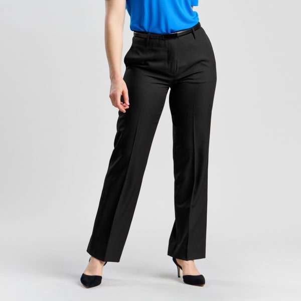 Front View of the Relaxed Leg Pant in Black Featuring a Sophisticated Fit, Matched with a Blue Top and Elegant Heels, Showcasing Versatility for Various Work Environments.