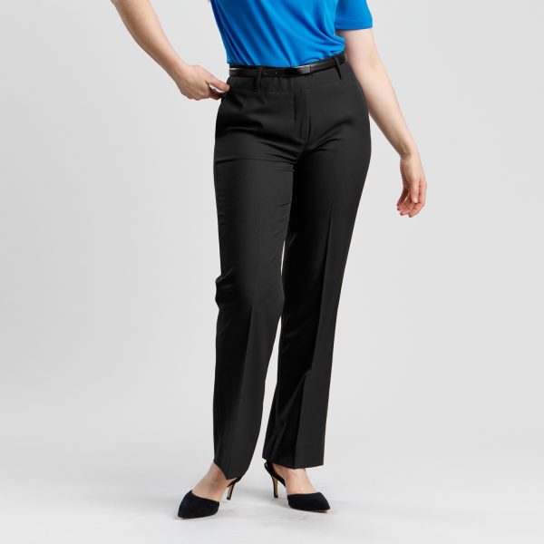 Close-up Front View of Relaxed Leg Pant in Black, Showing the Detailed Fit and Waistband, Paired with a Blue Shirt Tucked In, Emphasizing a Polished Look.