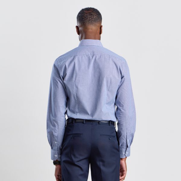 Rear View of a Men's Slim Fit Long Sleeve Shirt in Navy Mini Check, Detailing the Tailored Fit and Precise Shirt Construction.