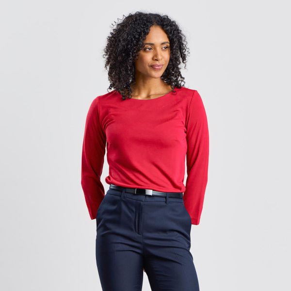 Woman in a Ruby Soft Knit Boat Neck Top, Looking off to the Side, Against a Neutral Background.