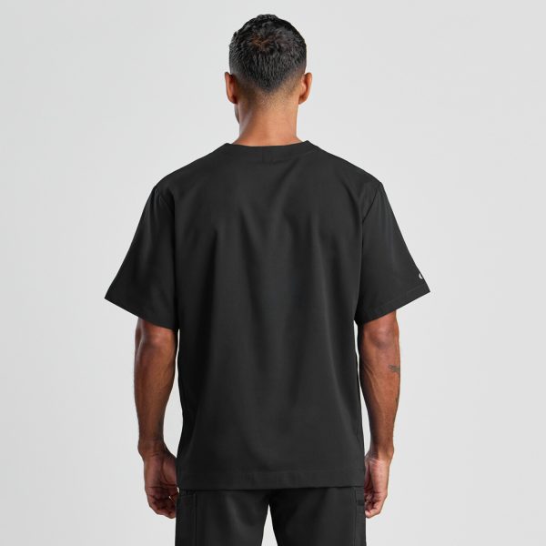 Back View of the Men's Modern Scrub Top in Black, Showcasing Its Clean and Straightforward Design.