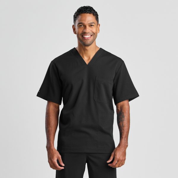 a Straight-on Front View of the Men's Modern Scrub Top in Black, Displaying the Professional Cut and Fit.