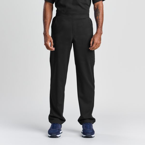 Front View of Men's Modern Scrub Pant in Black, Highlighting the Streamlined Fit and Spacious Cargo Pockets, Designed for Functionality in Medical Settings.