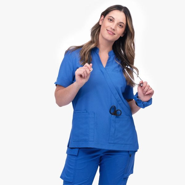 Full Body View Crossover Scrubs in Ocean Blue, Showcasing the Stylish Design.