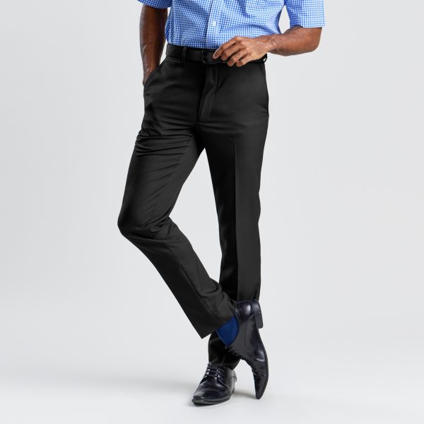 a Man Wearing Black Regular Fit Business Pants, a Blue Checked Shirt, a Black Leather Belt, and Black Shoes with Blue Socks, Against a Grey Background.
