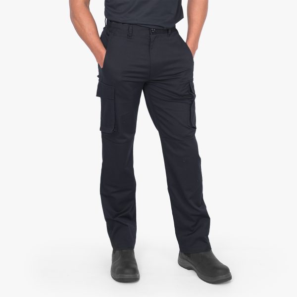 a Man Wearing French Navy Unisex Chino Cargo Pants by Designs to You. He Stands with His Hands in the Pockets