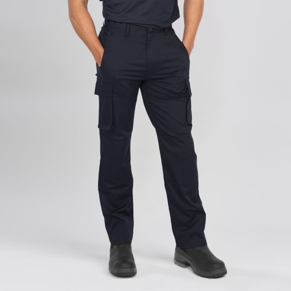 an Individual Wearing a Pair of Unisex Cargo Pants in French Navy, Featuring Multiple Side Pockets for Utility, a Relaxed Fit, and Sturdy Construction, Ideal for Workwear or Everyday Use.