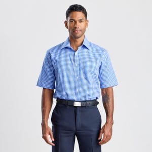 Man Wearing a Tailored Blue Check Short-sleeve Shirt Paired with Navy Work Trousers and a Black Leather Belt.