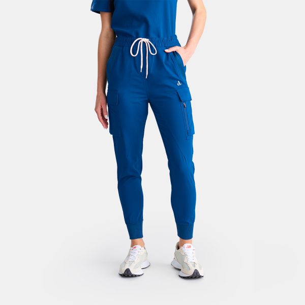 Designs to You: Front of Female Model Wearing Ocean Blue Unisex Cargo Jogger Scrub Pant