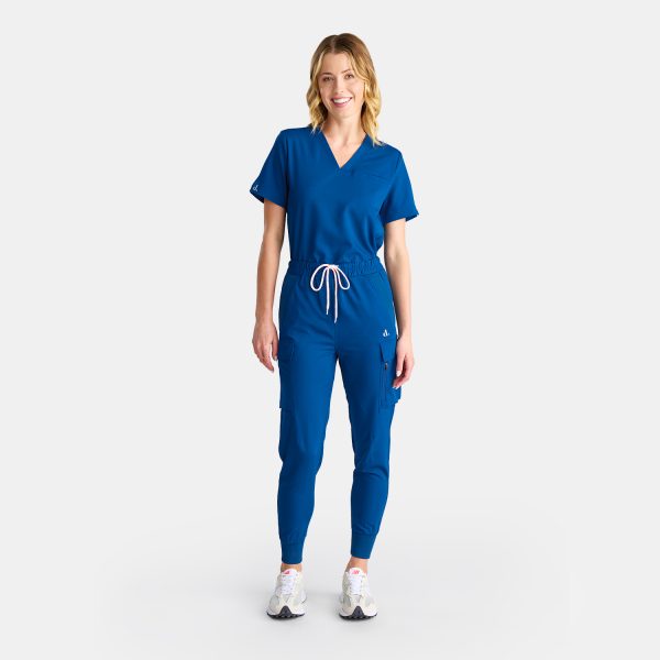 Designs to You: Full View of Female Model Wearing Ocean Blue Unisex Cargo Jogger Scrub Pant