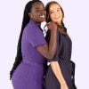 the Banner for the Article 'improving Gender Equity with Uniforms This Iwd' Depicts Two Female Models Posing Together and Smiling for the Camera in Front of a Light Purple Coloured Background. They're Wearing Modern and Stylish Purple Uniforms Manufactured by Designs to You.