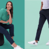 the Banner for the Article 'giving New Life to Your Old Uniforms' Features a Split Image of Two Models Wearing Stylish, Modern and Professional Uniforms. the Female Model is Wearing a Green Linen Blouse with Navy Slacks and White Sneakers. She is Sitting on a Black Chair in Front of a Teal Coloured Background. the Male Model is Wearing Navy Slacks, a White Cotton T-shirt and White Veja Sneakers. He is Walking in Front of a Mint Coloured Background, and is Only Visible from the Neck Down. the Images Green Colour Palette Reflects the Topic of the Blog - Sustainable Uniforms.