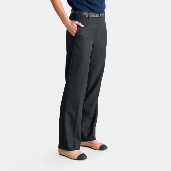 a Woman in Work Clothes Wearing Relaxed Black Straight Leg Pants and a Black Leather Belt by Designs to You.