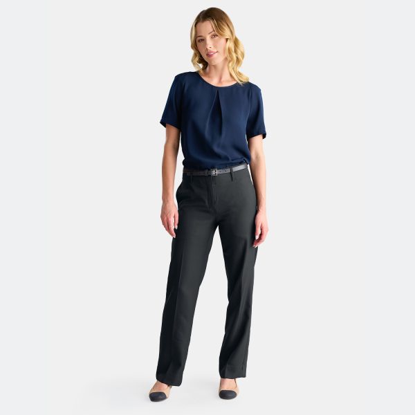 a Stylish Work Outfit with a Woman Wearing Relaxed Black Straight Leg Pants, Navy Short Sleeve Shirt and a Simple Leather Belt by Designs to You.
