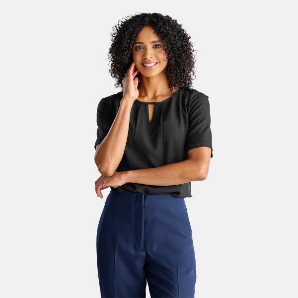 This Sale Short Sleeve Work Top is Paired with Smart Straight Leg Navy Pants. the Tucked Keyhole Blouse is Comfortable and Stylish, Designed by Designs to You.