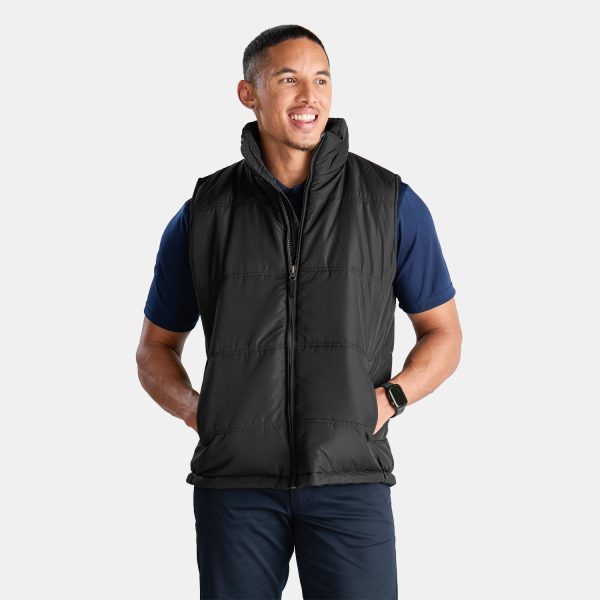 Unisex Puffer Vest in Black, Viewed from the Front with Male Model