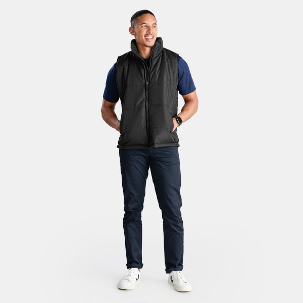 Unisex Puffer Vest in Black, Viewed with Full Body with Male Model