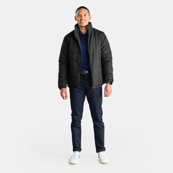 Unisex Puffer Jacket Black, Viewed from Full Body with Male Model