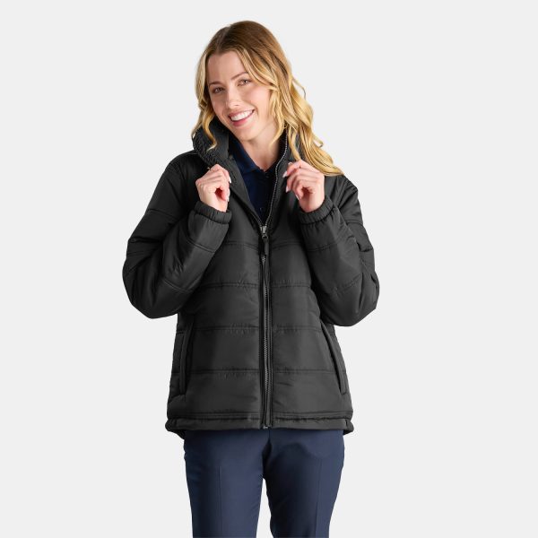 Unisex Puffer Jacket Black, Viewed from the Front with Male Model