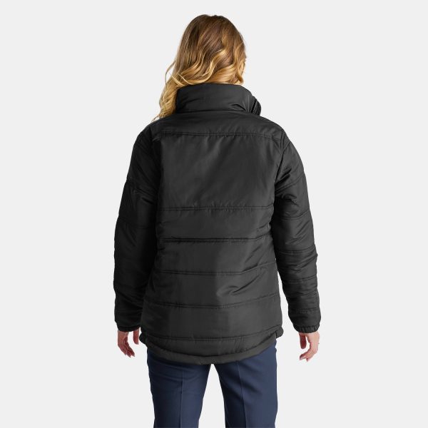 Unisex Puffer Jacket Black, Viewed from the Back with Female Model