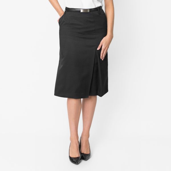 a Woman in a Classic Charoal Knee-length Skirt Featuring a Stylish Side Slit, Paired with a White Top and Black Heels.