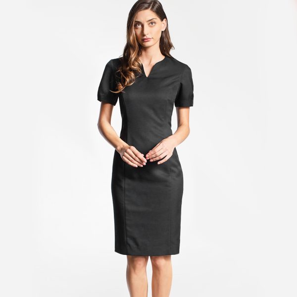 a Woman in a Charcoal, Knee-length Dress with a V-neck and Short Sleeves, Exuding a Refined and Professional Look.
