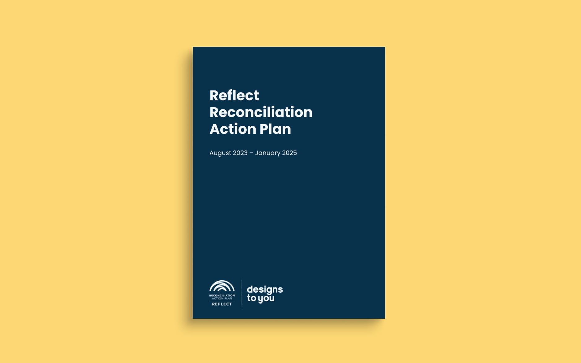 Ethical Uniform Supplier: The banner for the article 'Helping to Close the Gap: Our Journey Towards Reconciliation' features a navy coloured document resting atop a yellow background. The front of the documents reads 'Reflect Reconciliation Plan August 2023 - January 2025'.