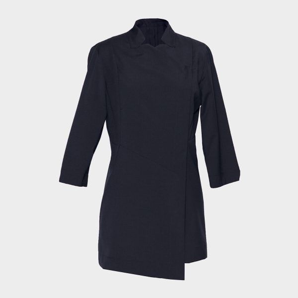 a Front View of a French Navy Women's Long Line Pharmacy Jacket with 3/4 Sleeves by Designs to You.
