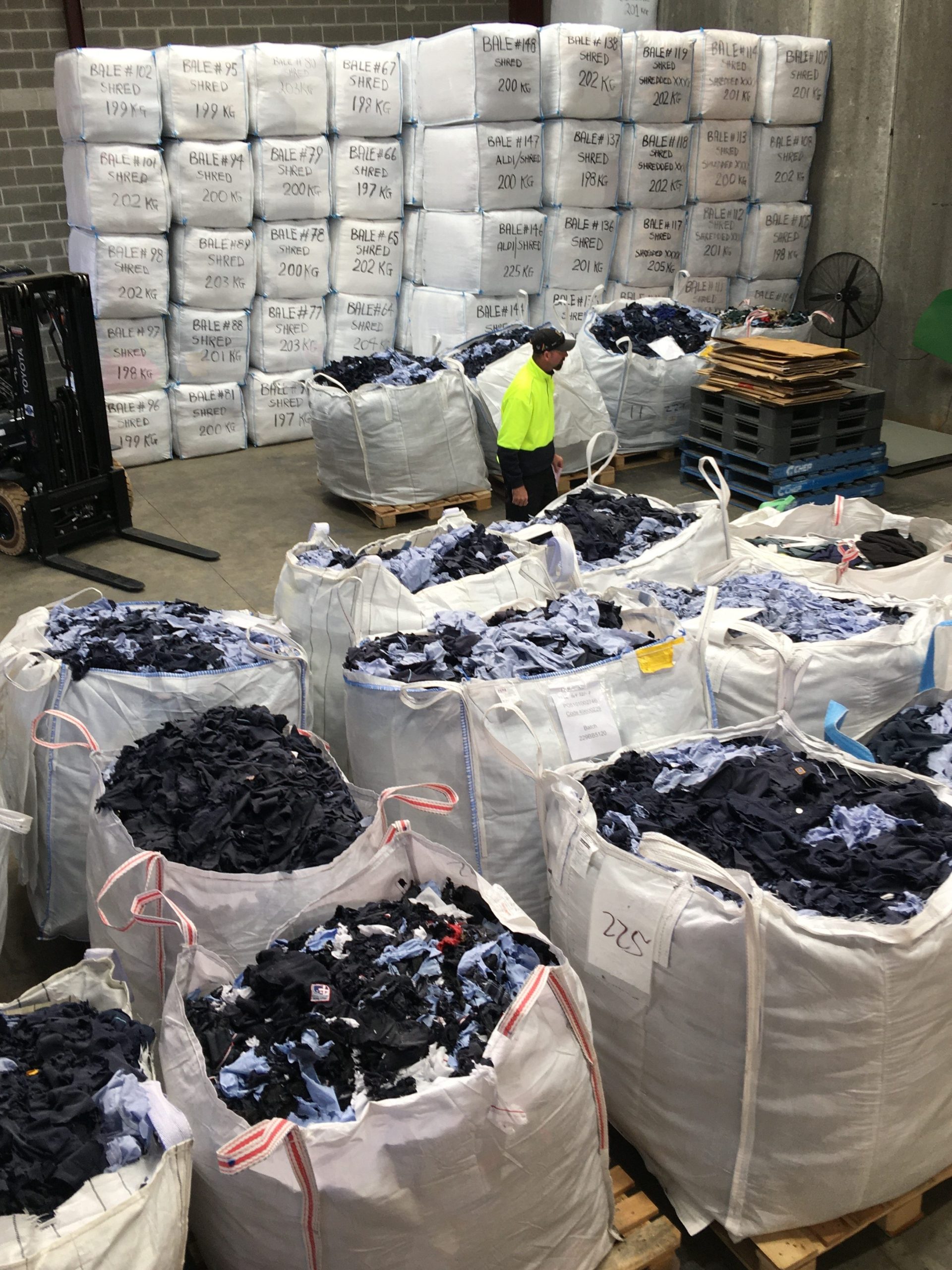 Sustainable Uniforms and Uniform Recycling - an Image of Inside a Textile Recycling Warehouse. Old Uniforms Are Pictured Within Bags Awaiting Recycling. 