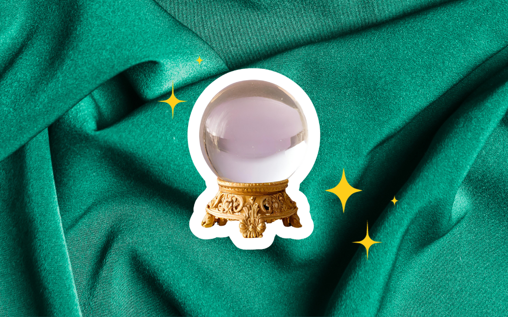 an Ornate Crystal Ball Centered on a Background of Textured Emerald Green Fabric, Accented with Twinkling Golden Stars, Suggesting Foresight into Fashion Trends.