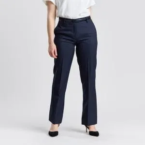 2108E - Womens Relaxed Leg Pant w_ Elastic Back - French Navy Front | Designs To You Front View of a Woman in Designs to You's Relaxed Leg Pant with Elastic Back in French Navy, Paired with a Black Belt and Heels.