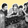 a Historical Black and White Photograph Featuring a Group of Women from the World War Era Working Attentively on Machinery. They Are Dressed in Practical Work Attire, with One Woman Wearing a Cap, Which Indicates a Factory or Industrial Setting. the Women Are Focused on Their Task, Displaying Engagement and Teamwork As They Operate the Machinery Together. the Background is a Muted Yellow, and the Women Are Highlighted with a White Outline.
