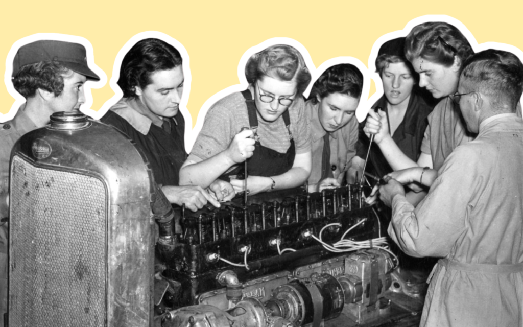 a Historical Black and White Photograph Featuring a Group of Women from the World War Era Working Attentively on Machinery. They Are Dressed in Practical Work Attire, with One Woman Wearing a Cap, Which Indicates a Factory or Industrial Setting. the Women Are Focused on Their Task, Displaying Engagement and Teamwork As They Operate the Machinery Together. the Background is a Muted Yellow, and the Women Are Highlighted with a White Outline.