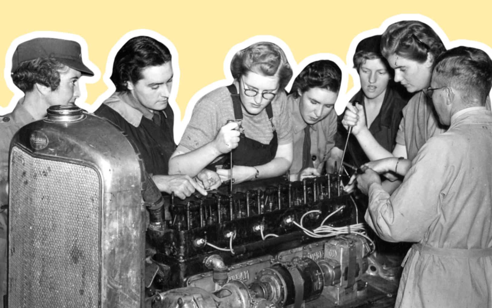 A historical black and white photograph featuring a group of women from the World War era working attentively on machinery. They are dressed in practical work attire, with one woman wearing a cap, which indicates a factory or industrial setting. The women are focused on their task, displaying engagement and teamwork as they operate the machinery together. The background is a muted yellow, and the women are highlighted with a white outline.