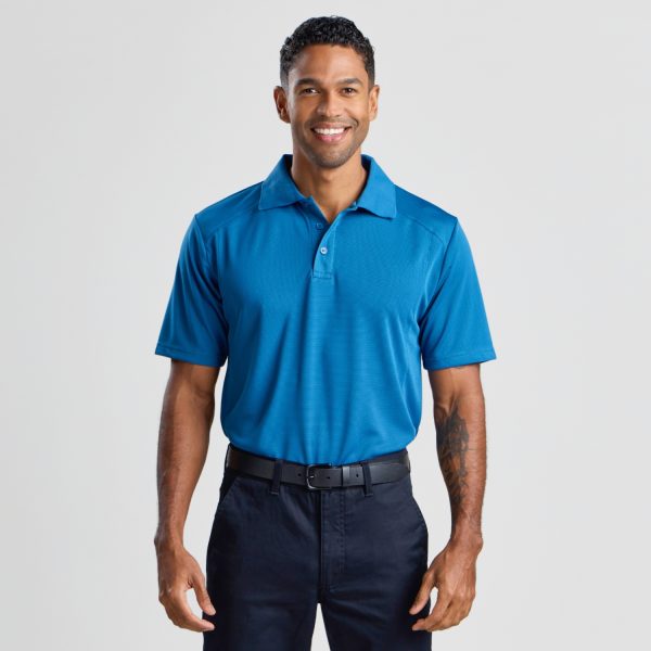 a Man Standing Face Forward, Sporting a Men's Eco Bamboo Polo in Aegean Blue, with a Buttoned Placket and Collar.
