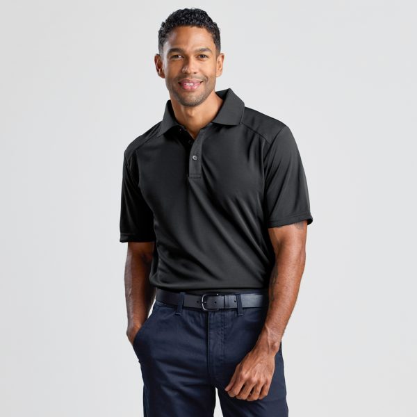 a Man Standing Forward Wearing a Men's Eco Bamboo Polo in Black, Showcasing a Relaxed Fit and Structured Collar.