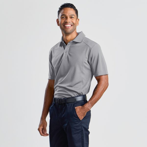 a Man at a 45-degree Angle to the Camera, Wearing a Men's Eco Bamboo Polo in Cool Grey with a Semi-fitted Style.