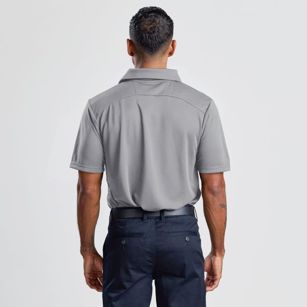the Rear View of a Man Wearing a Men's Eco Bamboo Polo in Cool Grey, Showing off the Fit Across the Shoulders.