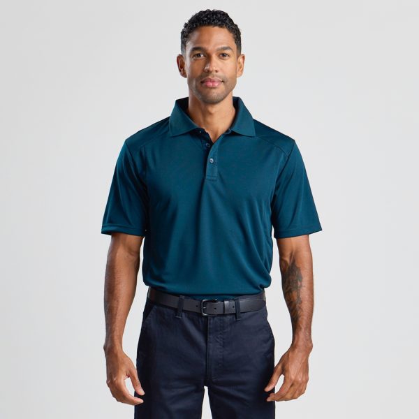 a Front-facing View of a Man Wearing a Men's Eco Bamboo Polo in Ocean Blue, Showing the Collar and Placket.