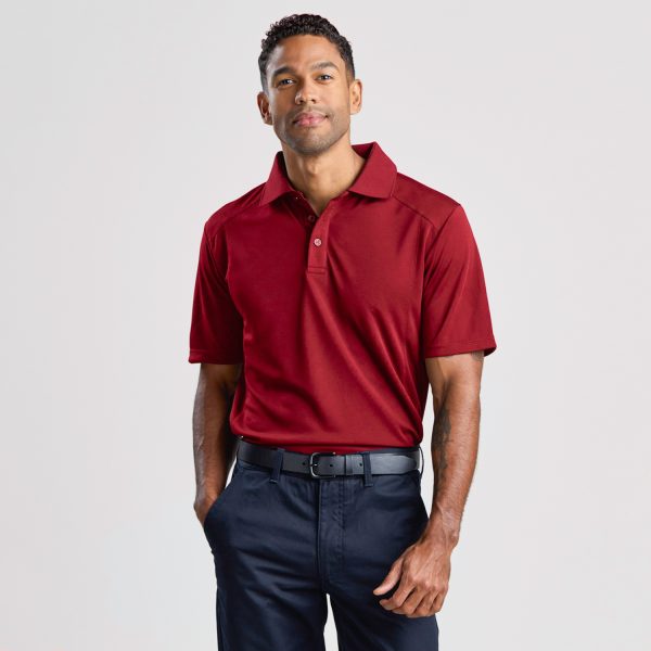 a Man Facing Forward in a Men's Eco Bamboo Polo in Ruby, Featuring the Shirt's Front Design and Button Detail.