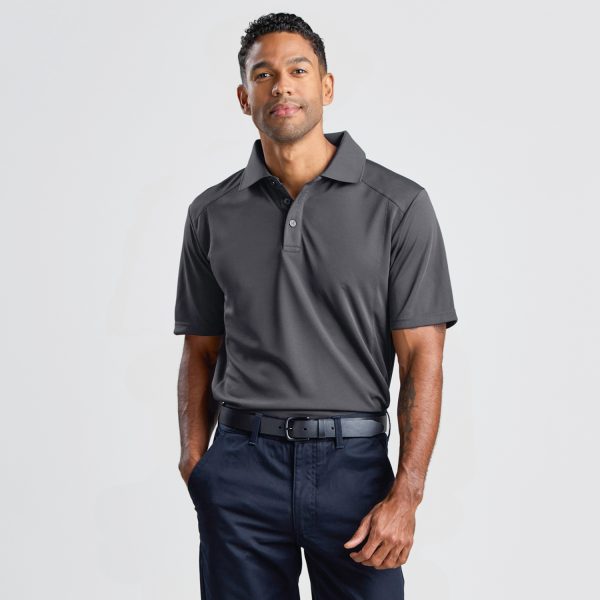 a Man Standing Straight On, Wearing a Men's Eco Bamboo Polo in Storm Grey, Highlighting the Front Design and Collar.
