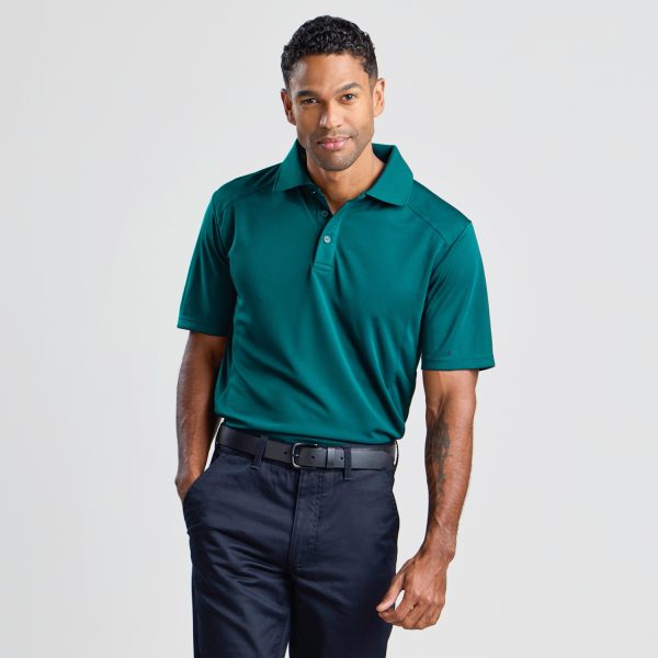 a Frontal View of a Man Sporting a Men's Eco Bamboo Polo in Teal, with Focus on the Shirt's Collar and Buttons.