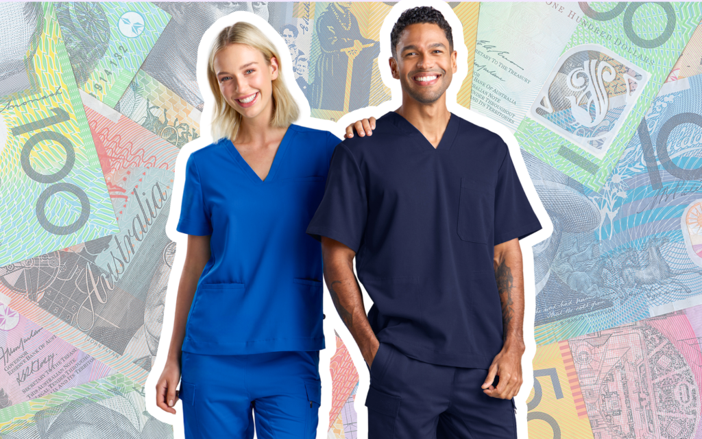 Two Healthcare Professionals Wearing Scrubs, One in Blue and the Other in Navy Blue, Standing Against a Background of Australian Currency Notes. the Woman is Smiling with Her Arm Around the Man's Shoulder, Both Looking Happy and Confident. the Background is a Collage of Various Denominations of Australian Banknotes.