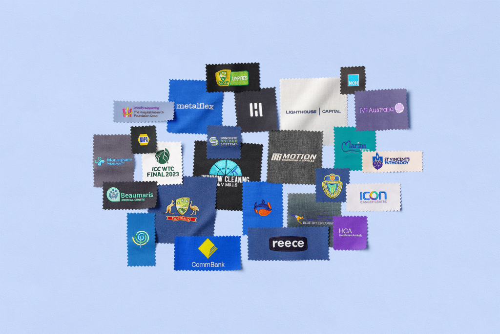 a Collection of Embroidered Swatches Displaying Various Company Logos on a Light Blue Background.